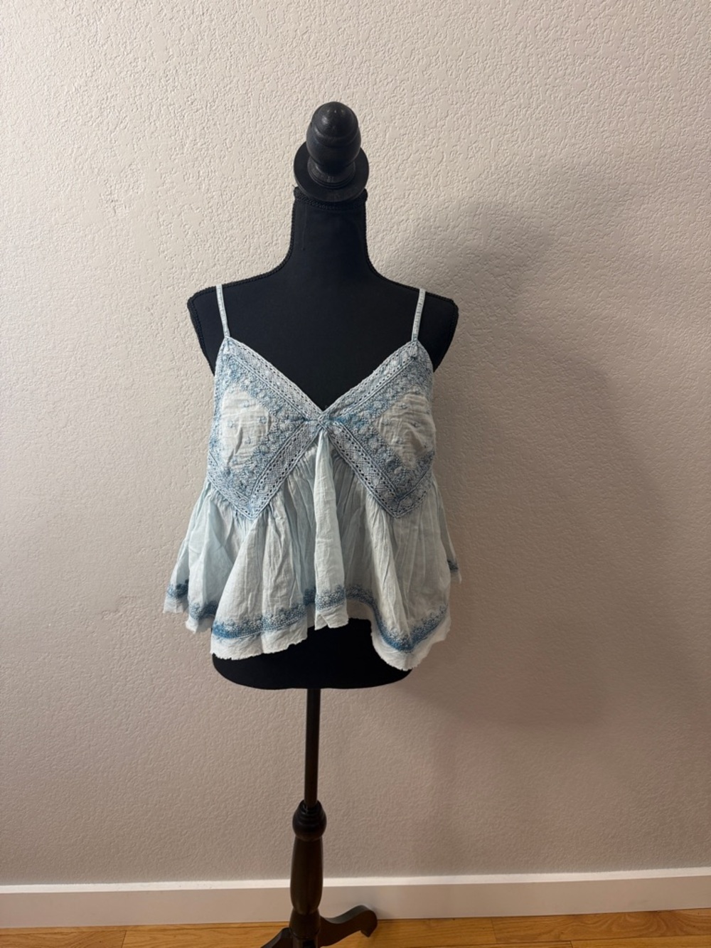 POL Light Blue Embroidered Spaghetti-Strap Peplum Cami